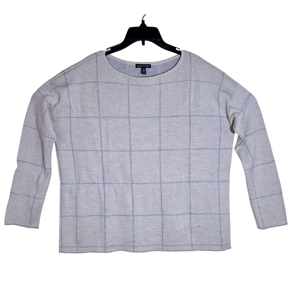 Eileen Fisher Women's Windowpane Merino Wool Sweater Size M Grey Cream - Picture 7 of 12